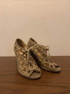 MIA Taupe Suede Lattice Lace-Up Peep Toe Heels